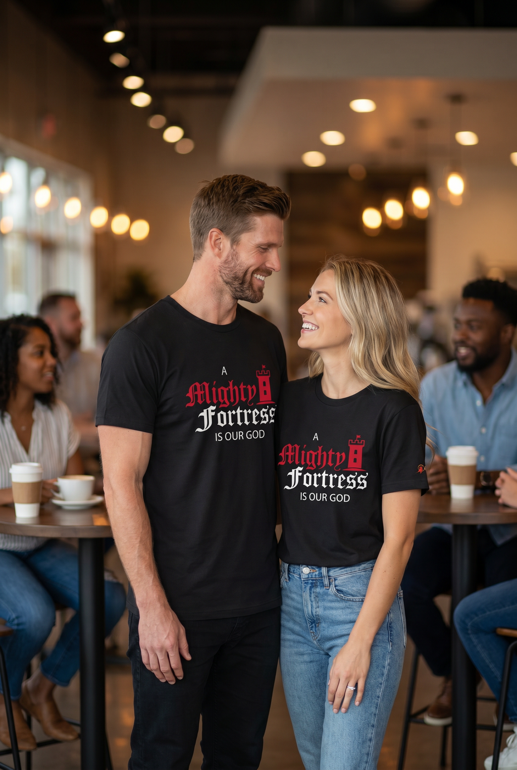 Smiling Christian couple standing together in a coffee shop wearing matching black 'A Mighty Fortress Is Our God' hymn t-shirts. Lutheran couple style from Phoenix Anthem.