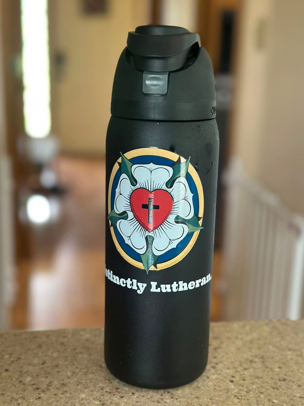 Distinctly Lutheran 32 ounce Owala FreeSip vacuum insulated stainless steel water bottle showcasing the official multi-color theological Luther Rose emblem.