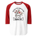 Front view of a white and red unisex 3/4 sleeve raglan shirt featuring a traditional 'Agnus Dei' Lamb of God graphic carrying a resurrection victory flag under the text 'BEHOLD THE LAMB OF GOD'. Liturgical Lutheran apparel from Phoenix Anthem.