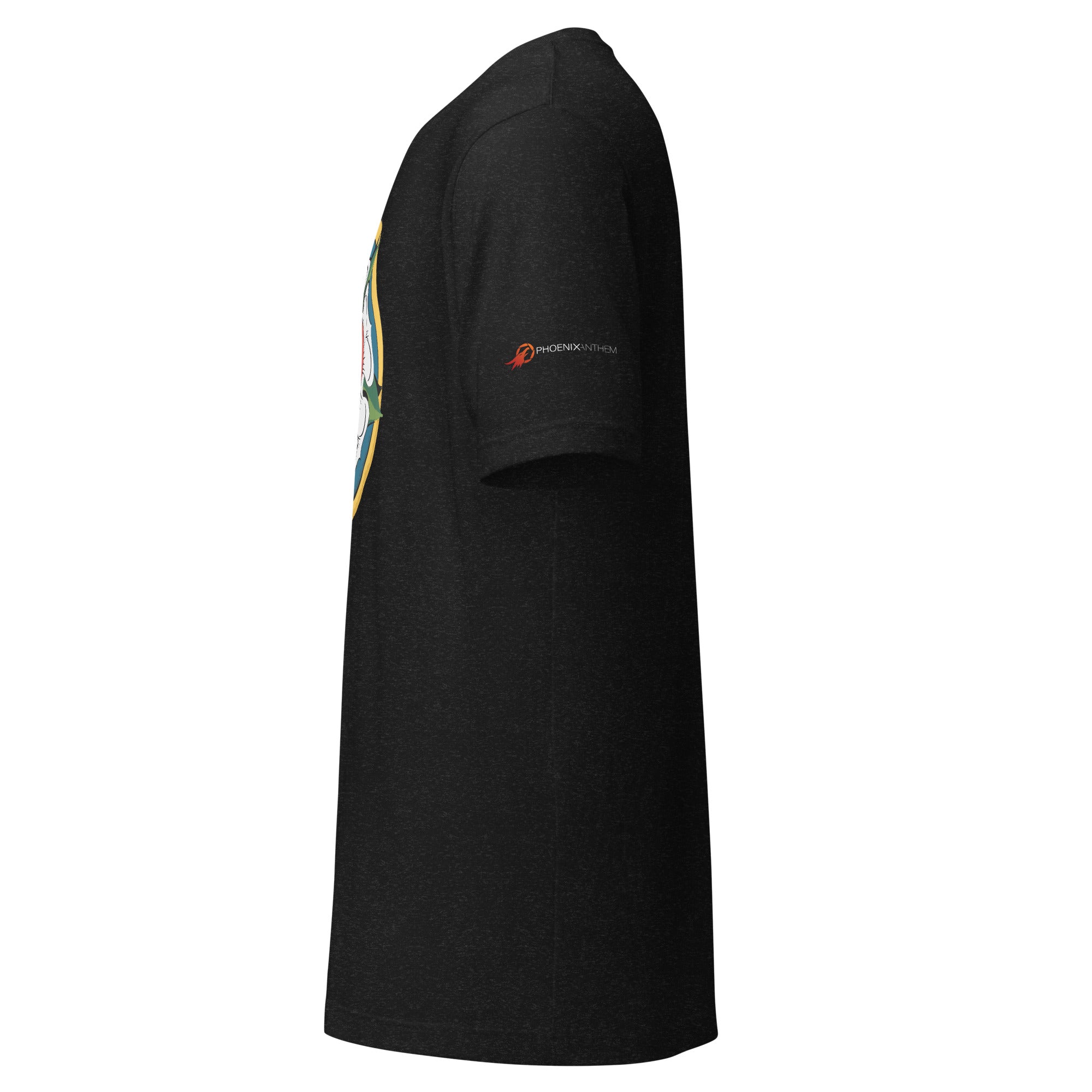 Side view profile of the black heather Bella + Canvas 3001 shirt highlighting the Phoenix Anthem horizontal logo printed on the left sleeve.