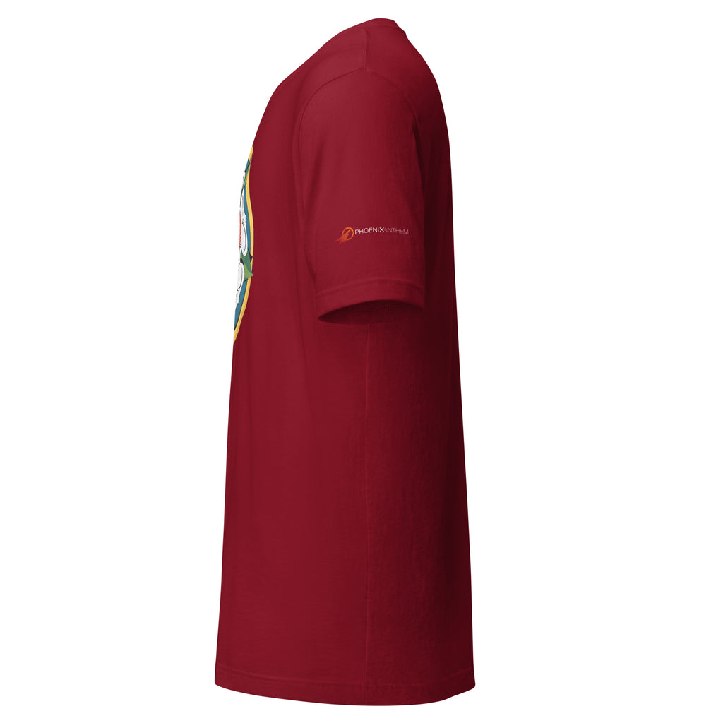 Left sleeve detailed view of the cardinal red variant, featuring the clean white minimalist Phoenix Anthem branding on the soft cotton cuff.