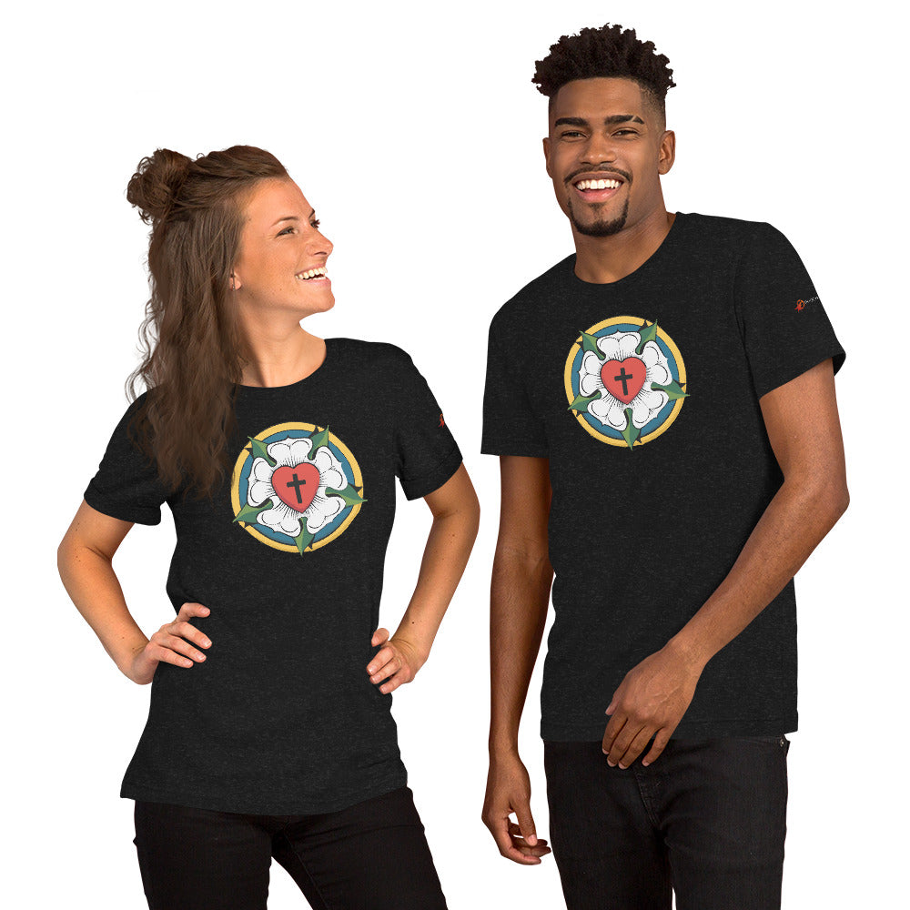 A man and a woman smiling and laughing while wearing matching black heather Bella + Canvas 3001 unisex Luther Rose staple t-shirts from Phoenix Anthem.