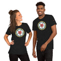 A man and a woman smiling and laughing while wearing matching black heather Bella + Canvas 3001 unisex Luther Rose staple t-shirts from Phoenix Anthem.