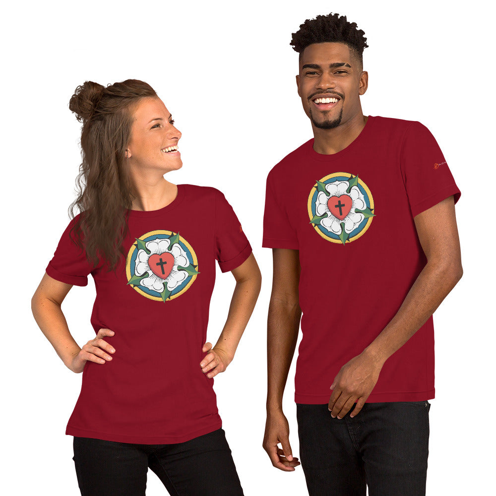 A smiling man and woman showcasing the vibrant cardinal red variant of the everyday witness Luther Rose staple tee printed on a Bella + Canvas 3001.