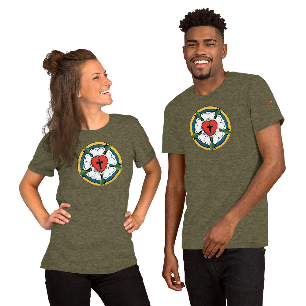 A smiling man and woman modeling matching heather olive Bella + Canvas 3001 t-shirts with our original printed Luther Rose collection graphic.
