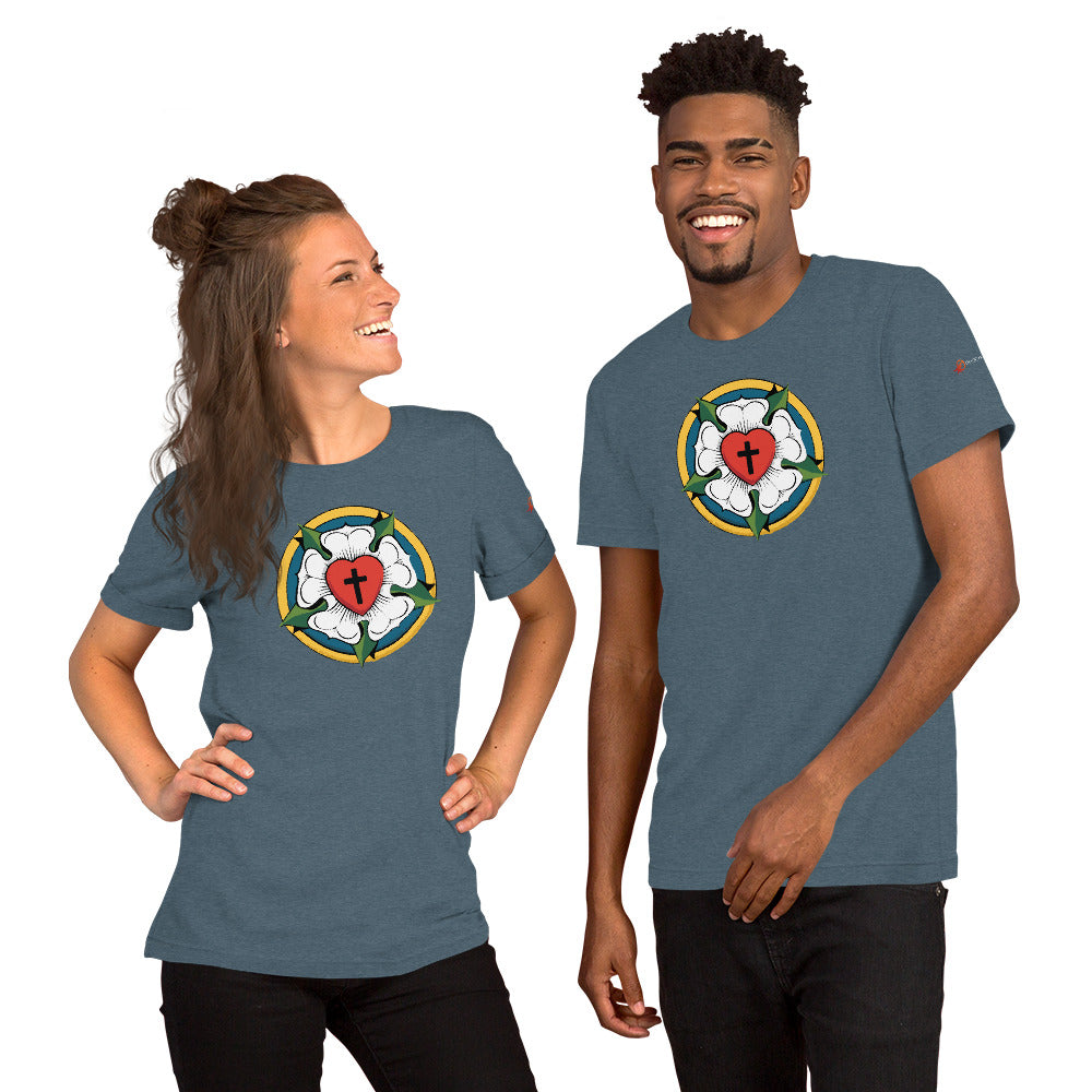 A young man and woman laughing while showcasing the muted heather slate blue variant of our unisex soft retail fit Luther Rose t-shirt.