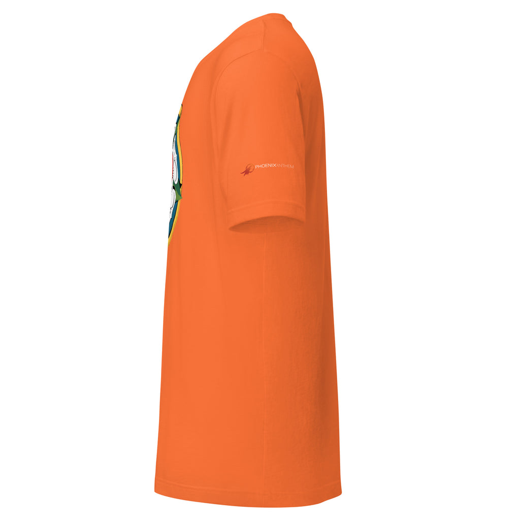 Left sleeve detailed view of the orange variant, featuring the clean white minimalist Phoenix Anthem branding on the soft cotton cuff.