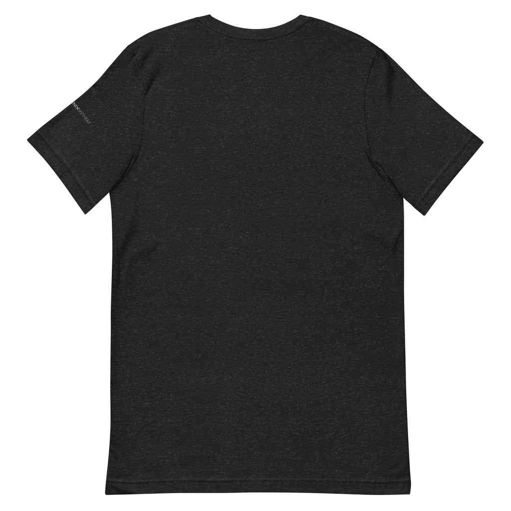 Standalone back view of the black heather premium Bella + Canvas 3001 unisex t-shirt highlighting the clean retail fit and crew neckline.