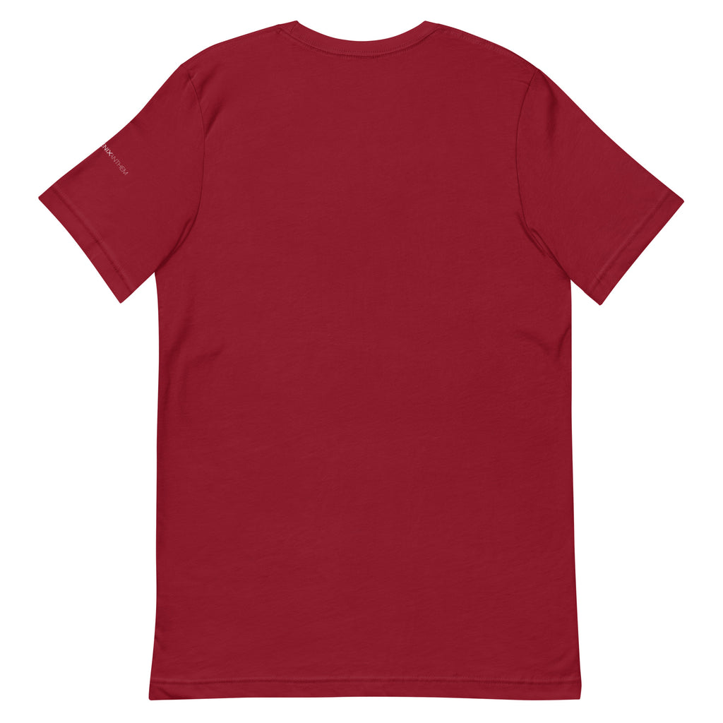Flat back profile of the premium cardinal red short-sleeve Bella + Canvas 3001 staple shirt on a clean white background.