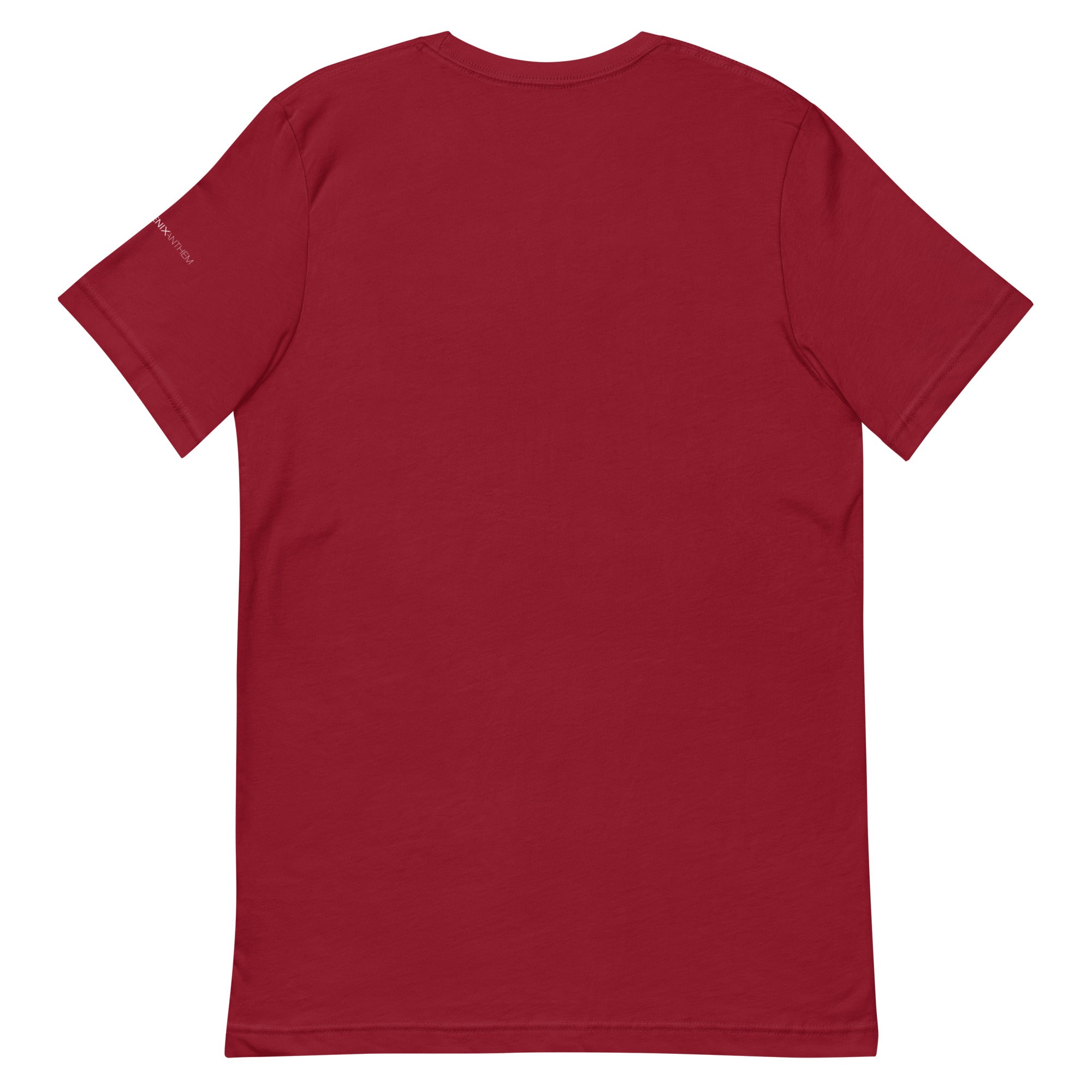 Flat back profile of the premium cardinal red short-sleeve Bella + Canvas 3001 staple shirt on a clean white background.