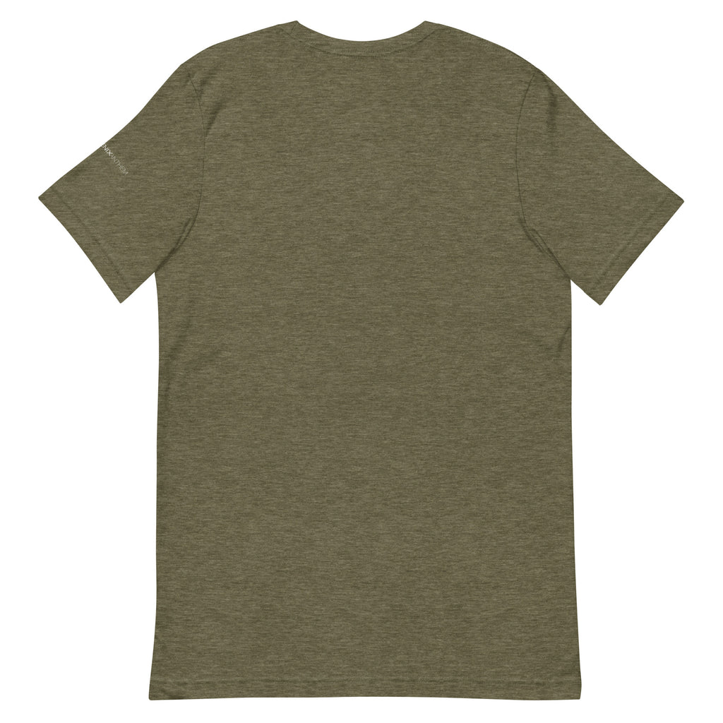 Minimalist back flat-lay view of the heather olive unisex crewneck t-shirt emphasizing the premium, soft retail combed cotton fabric structure.