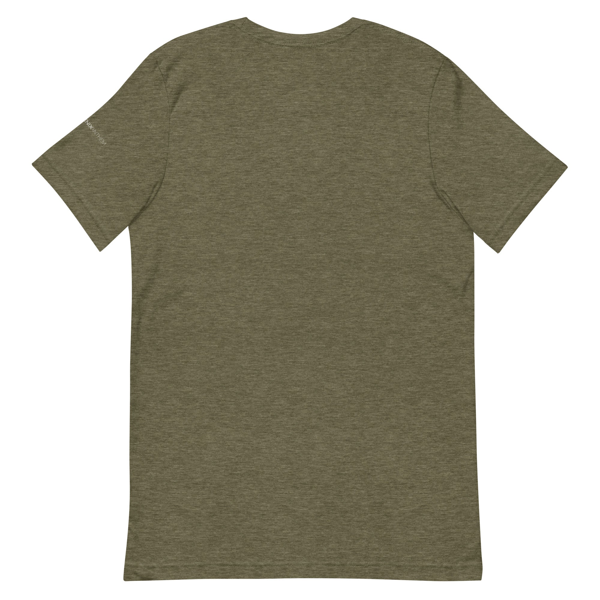 Minimalist back flat-lay view of the heather olive unisex crewneck t-shirt emphasizing the premium, soft retail combed cotton fabric structure.