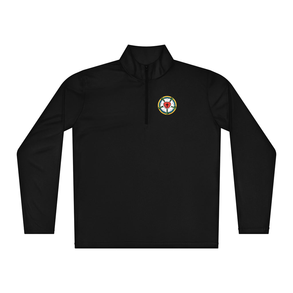 Studio product flat lay of the black lightweight quarter-zip pullover sweater highlighting the detailed colorful Luther Rose embroidery on the chest.