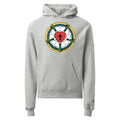 Front view of the Unisex Champion Powerblend hoodie in light steel gray featuring a large, vibrant Luther Rose seal graphic printed on the chest.
