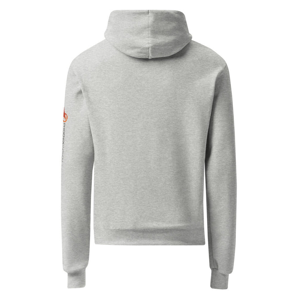 Back view of the Light Steel Champion Powerblend hoodie showcasing the clean fabric fit and the Phoenix Anthem logo printed on the left sleeve.