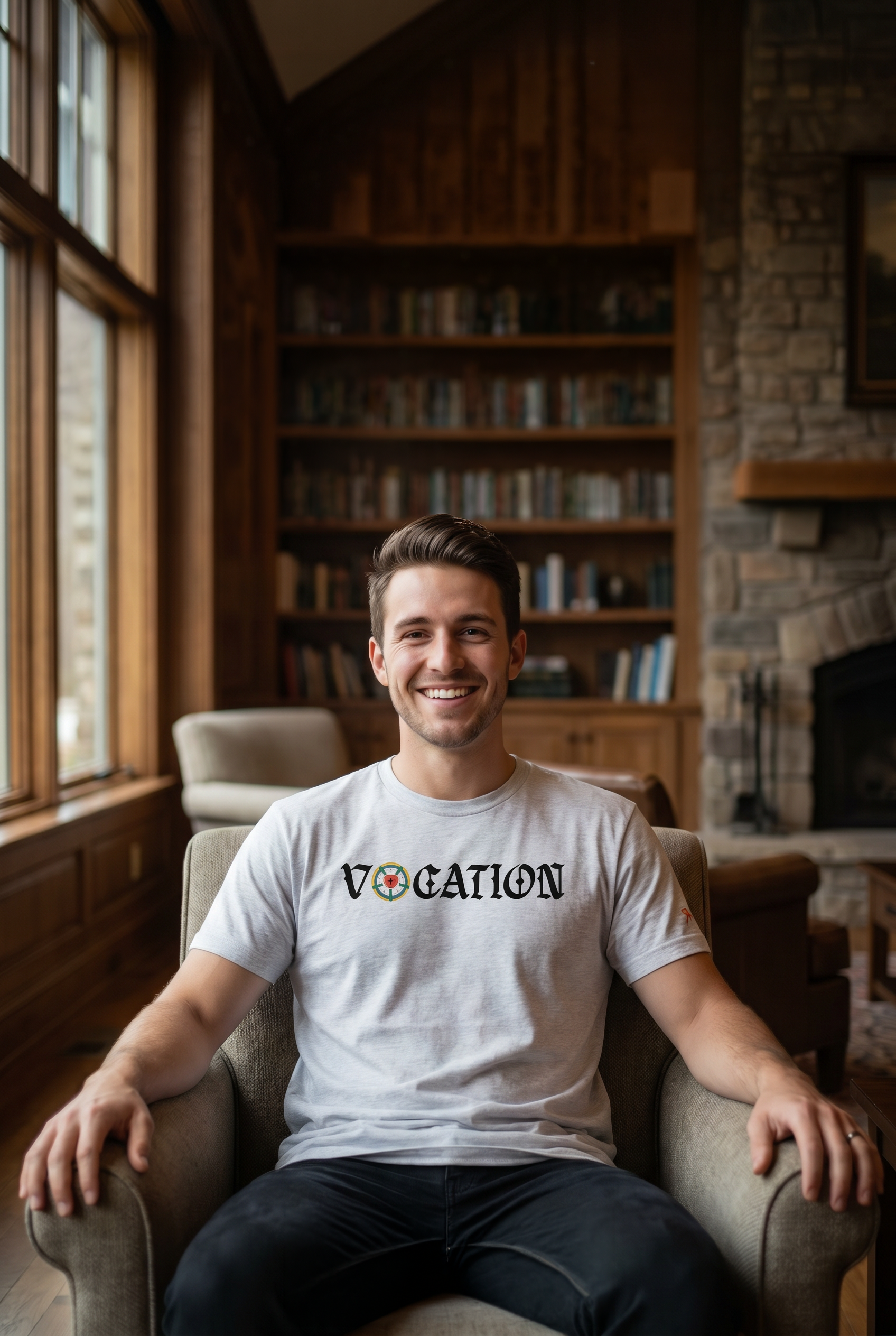 Smiling man sitting in a leather armchair in front of a floor-to-ceiling bookshelf, wearing an ash grey 'VOCATION' graphic tee with a Gothic font. Christian faith-based apparel from Phoenix Anthem.