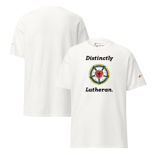 Front and back view of a white unisex t-shirt featuring the 'Distinctly Lutheran' design with the traditional Luther Rose symbol on the front. Lutheran clothing from Phoenix Anthem.