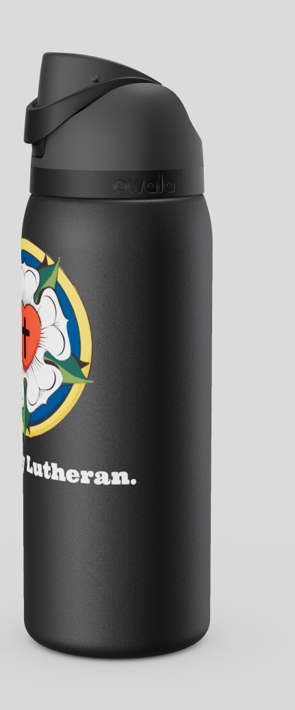 lternate angle of the limited-edition Luther Rose premium insulated water bottle by Phoenix Anthem, showing the authentic Owala brand engraving on the matte black finish.