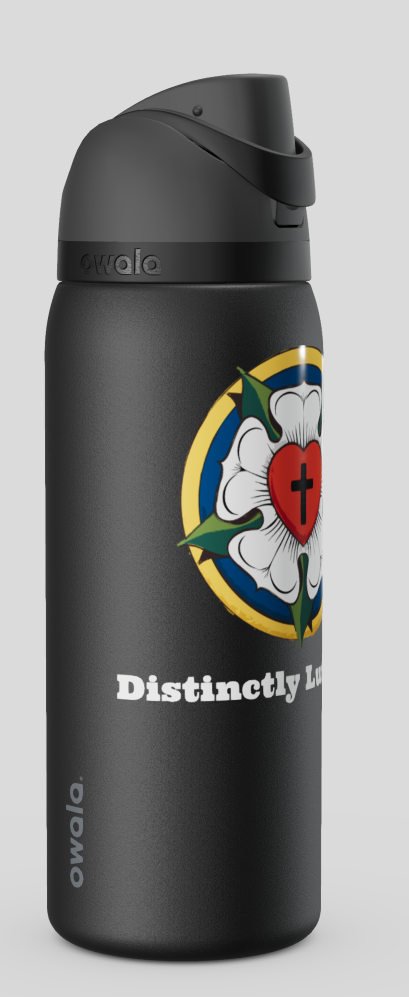 Side view of the official Phoenix Anthem black 32oz Owala FreeSip insulated water bottle featuring the custom white typography Distinctly Lutheran below a full-color Luther Rose.