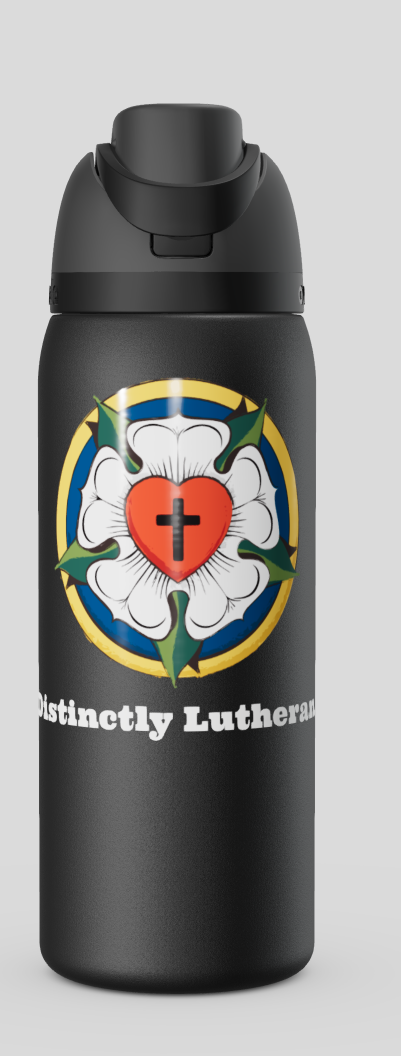 Front view of the custom Distinctly Lutheran 32 ounce Owala FreeSip vacuum insulated stainless steel water bottle showcasing the official multi-color theological Luther Rose emblem.