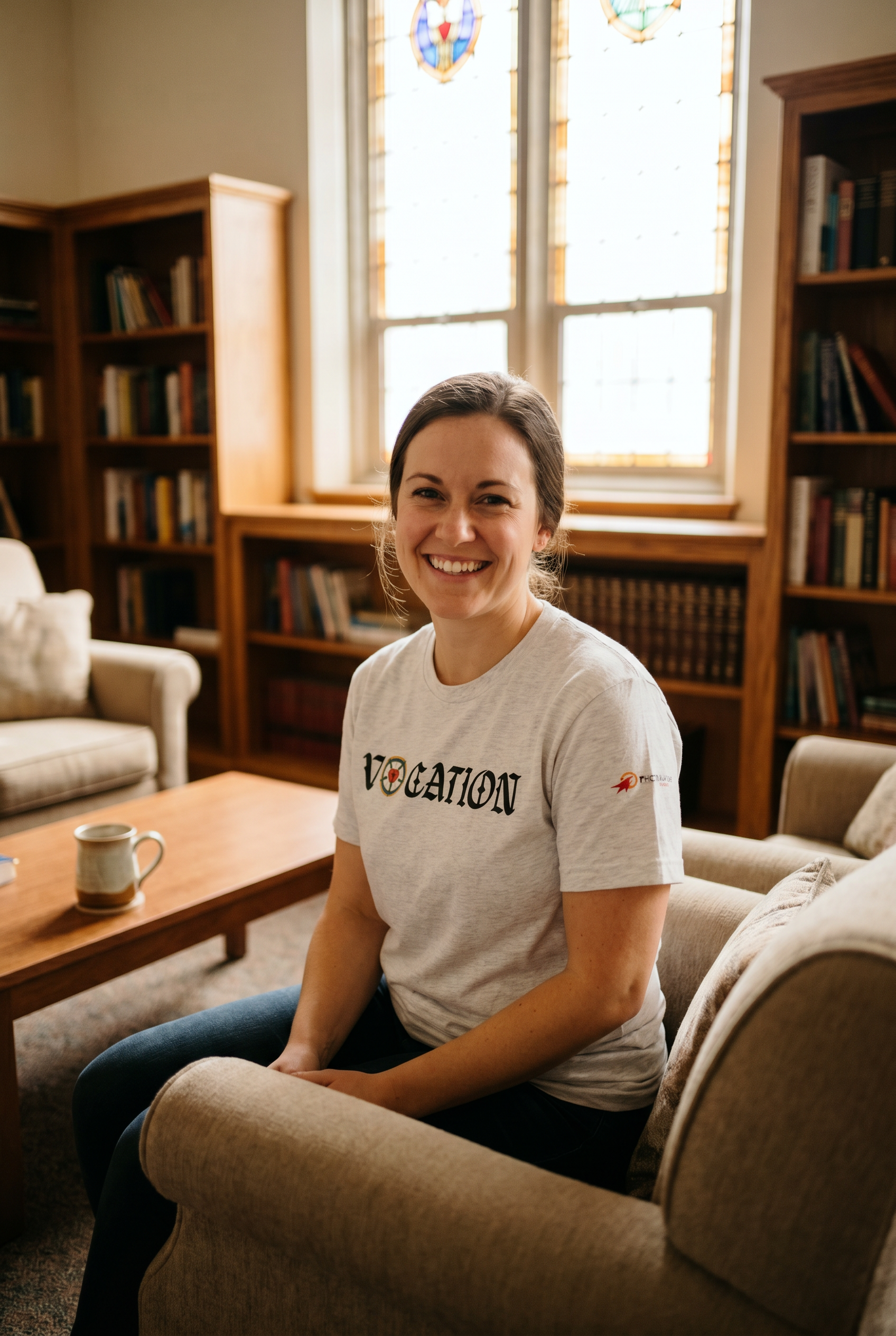 Smiling woman sitting on an armchair in a church library or study hall with a stained glass window, wearing an ash grey 'VOCATION' t-shirt with a Luther Rose accent. Lifestyle Lutheran apparel from Phoenix Anthem.