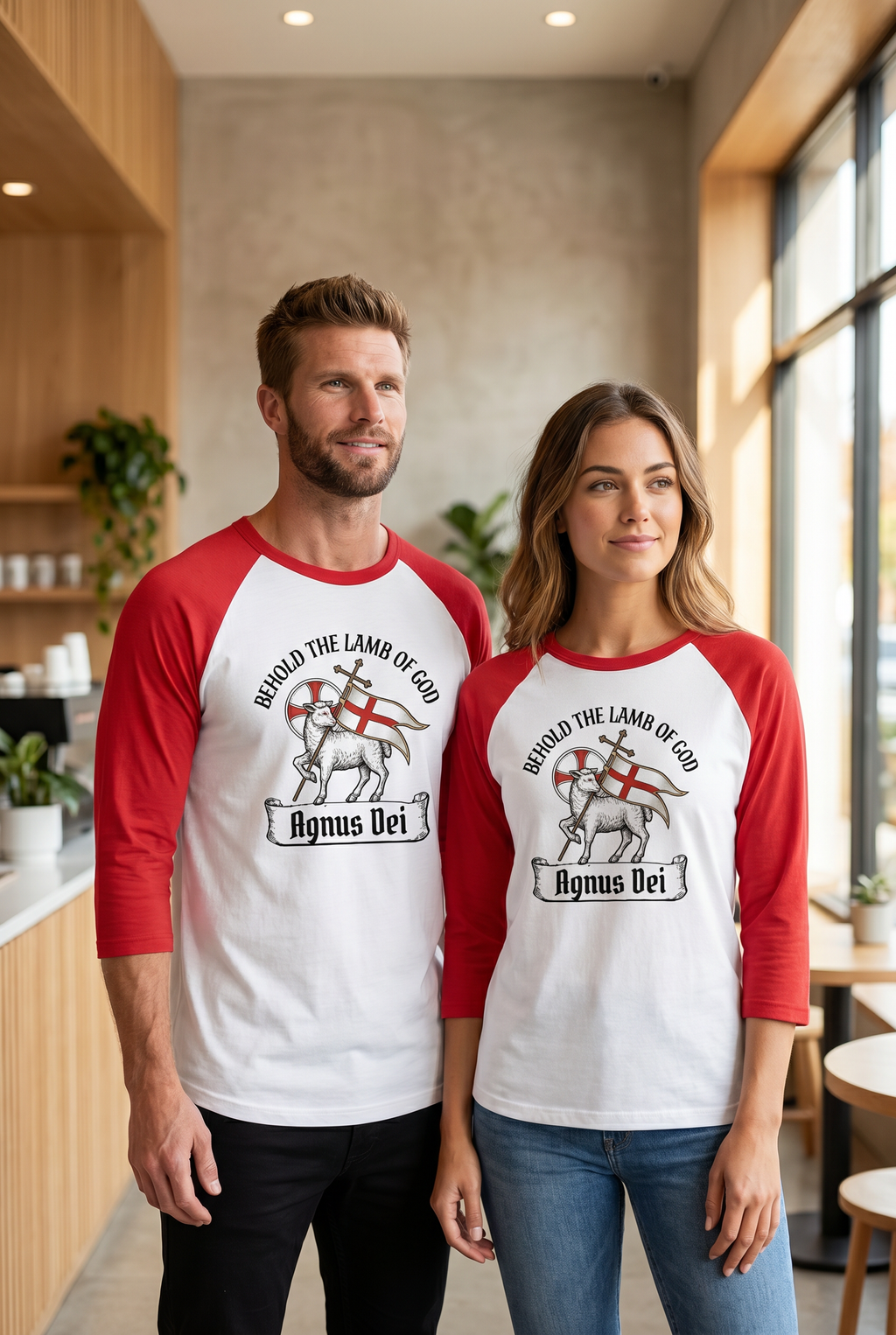 A man and woman standing together in a sunlit coffee shop or church fellowship hall wearing matching red and white 'Agnus Dei' 3/4 sleeve Christian raglan shirts. Faith-based apparel from Phoenix Anthem.