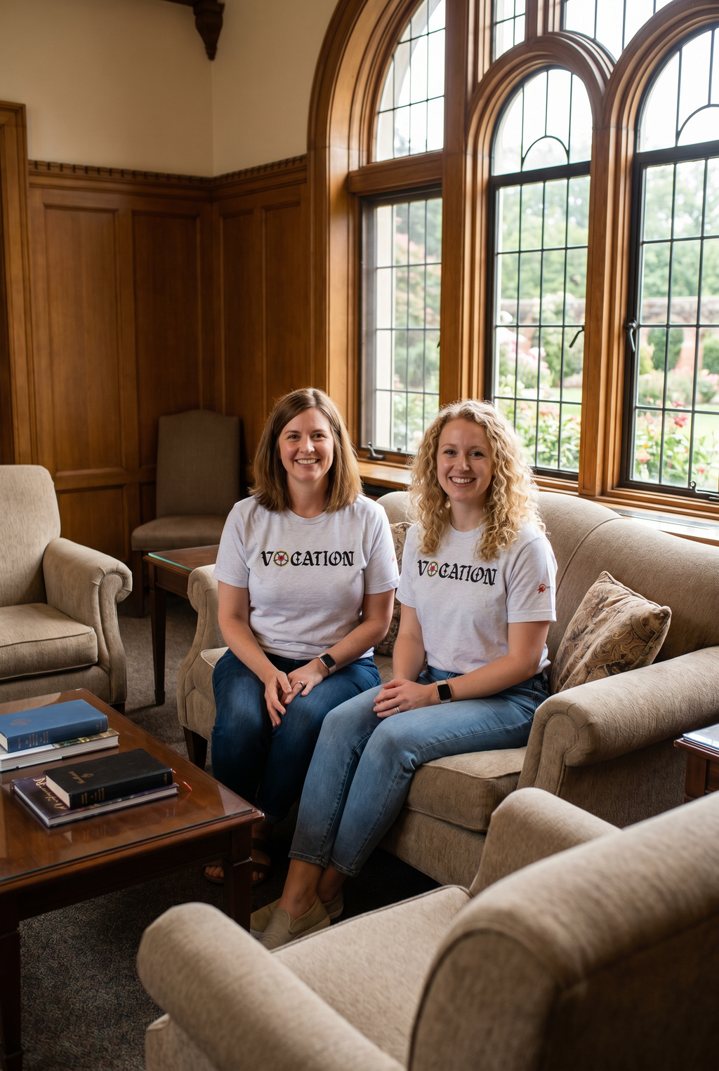 Two smiling women sitting side-by-side on a sofa in a classic wood-paneled church library or university lounge, wearing matching ash grey 'VOCATION' t-shirts with a Luther Rose accent. Christian group or church fellowship lifestyle apparel from Phoenix Anthem.
