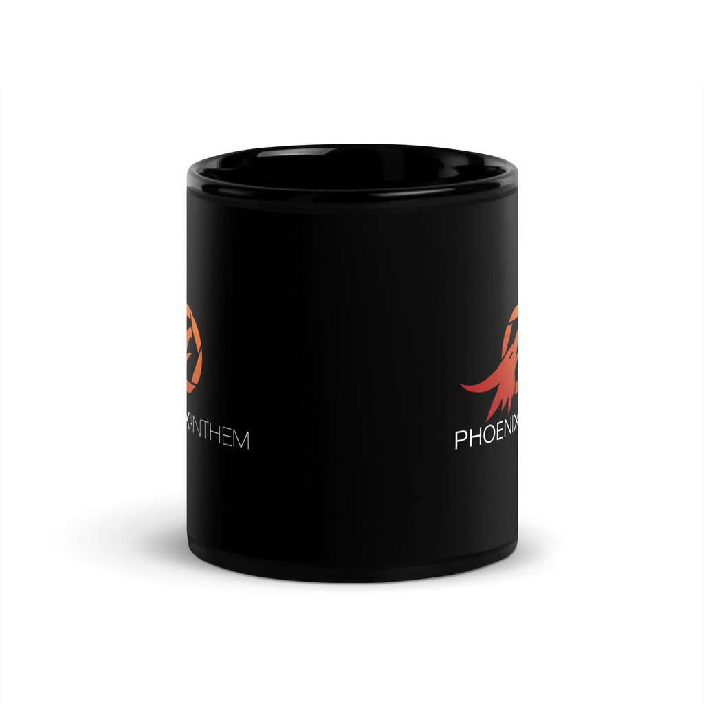 Classic center view of the Phoenix Anthem black glossy mug featuring the faith-inspired flame logo. Durable ceramic, dishwasher-safe, and perfect for daily devotion.
