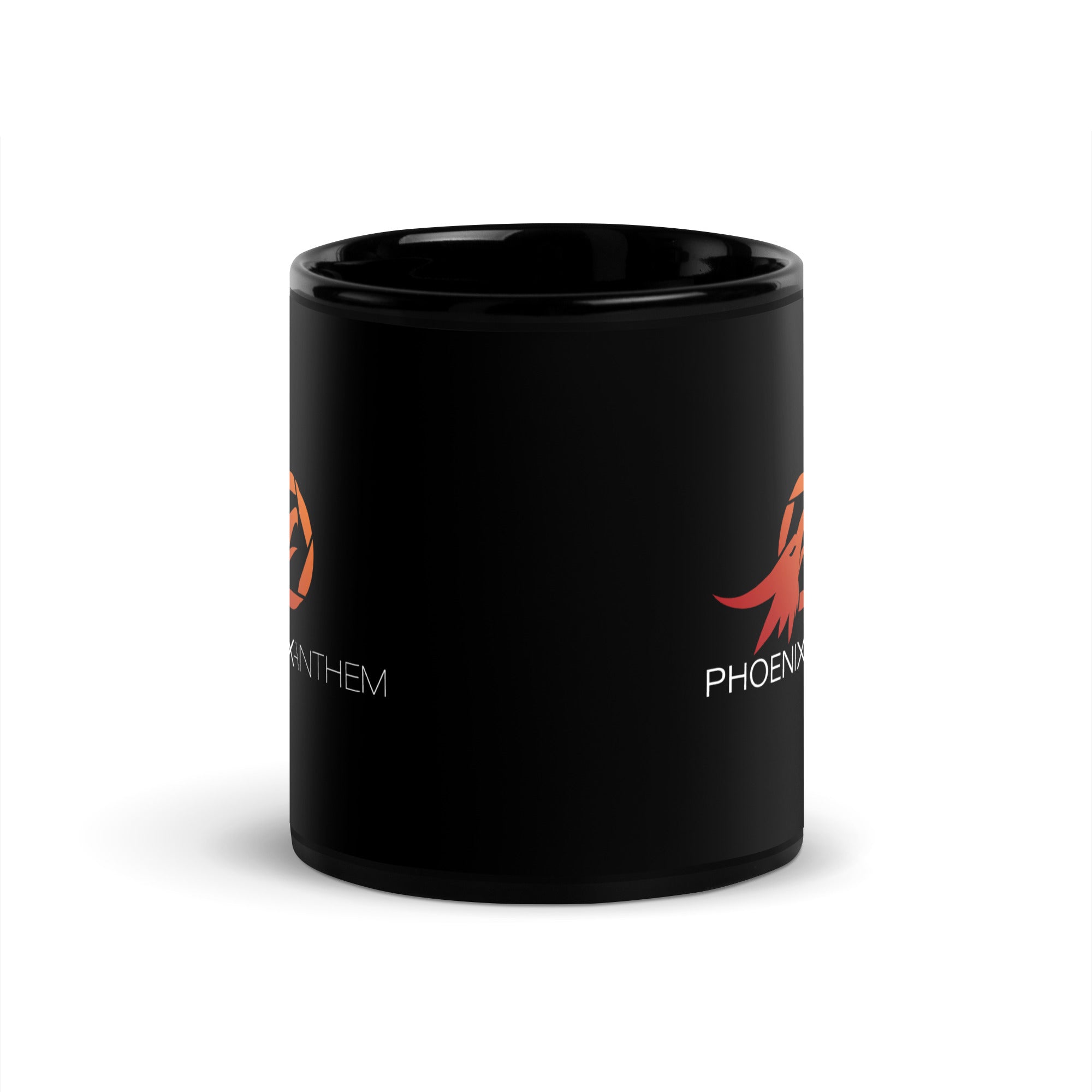 Classic center view of the Phoenix Anthem black glossy mug featuring the faith-inspired flame logo. Durable ceramic, dishwasher-safe, and perfect for daily devotion.
