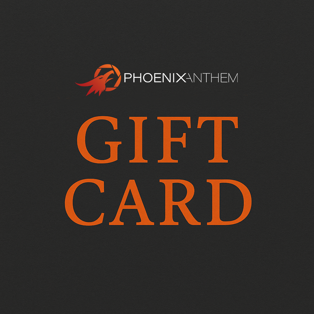 A Phoenix Anthem gift card with the brand logo at the top and the words 'GIFT CARD' in large orange letters on a dark charcoal background.