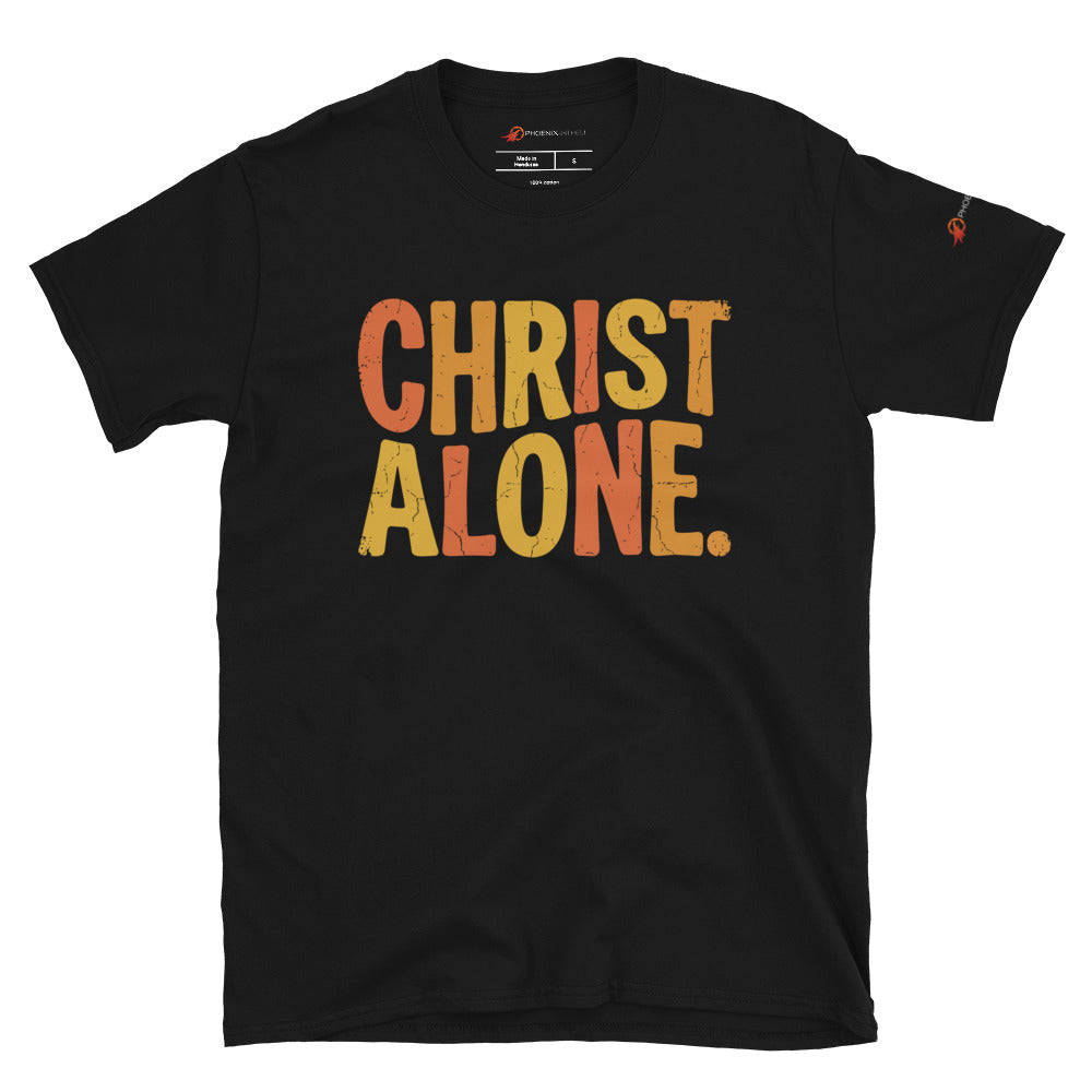 Black Christian graphic tee from Phoenix Anthem displaying a vintage multi-color "Christ Alone" design. Faith-based streetwear and Confessional Lutheran clothing celebrating Solus Christus.