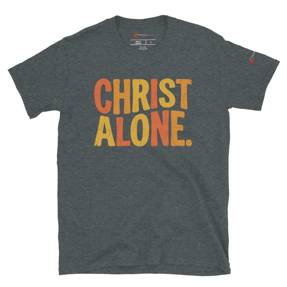 Dark heather charcoal Christian graphic tee from Phoenix Anthem displaying a vintage multi-color "Christ Alone" design. Faith-based streetwear and Confessional Lutheran clothing celebrating Solus Christus.