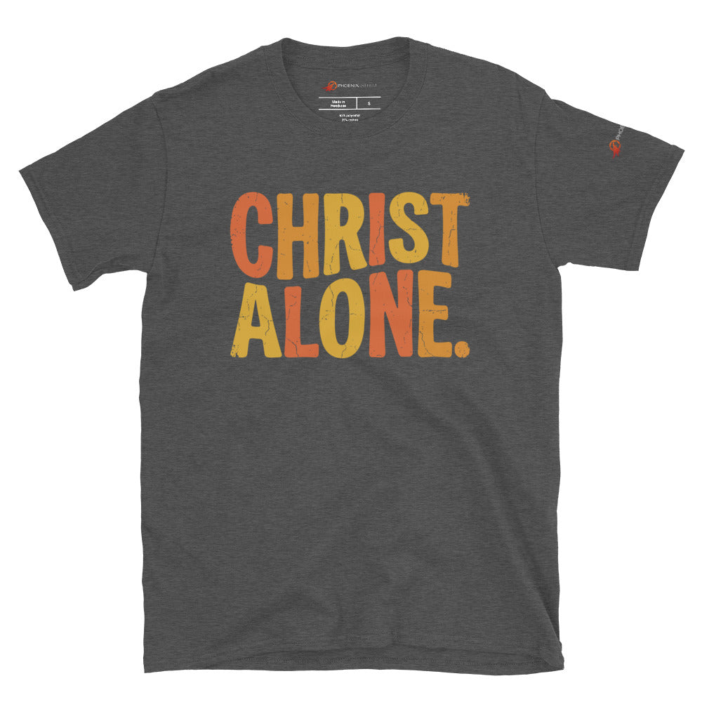 Dark heather charcoal Christian graphic tee from Phoenix Anthem displaying a vintage multi-color "Christ Alone" design. Faith-based streetwear and Confessional Lutheran clothing celebrating Solus Christus.