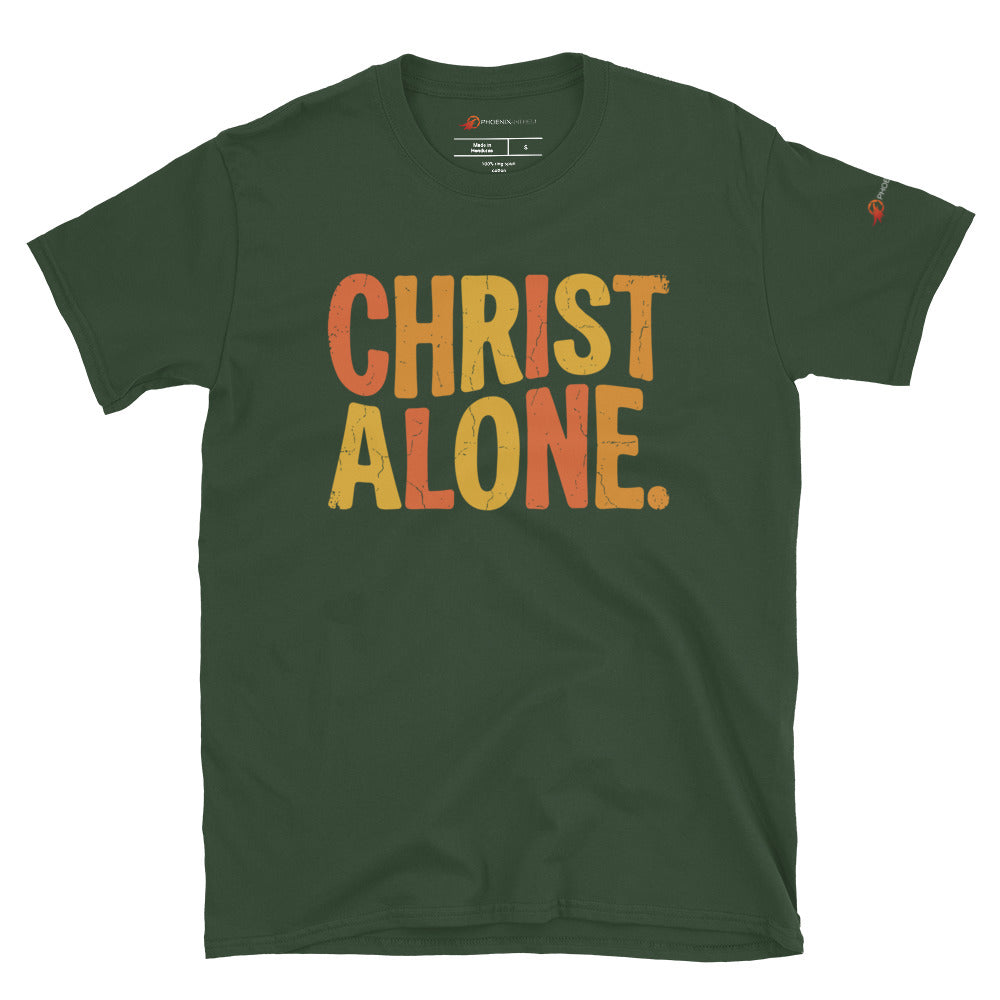 Forest green Christian graphic tee from Phoenix Anthem displaying a vintage multi-color "Christ Alone" design. Faith-based streetwear and Confessional Lutheran clothing celebrating Solus Christus.