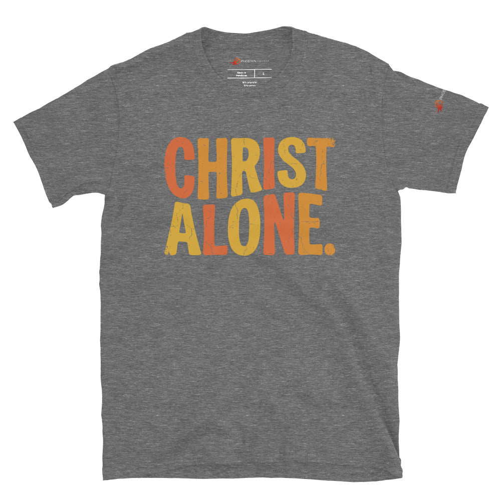 Graphite heather grey Christian graphic tee from Phoenix Anthem displaying a vintage multi-color "Christ Alone" design. Faith-based streetwear and Confessional Lutheran clothing celebrating Solus Christus.