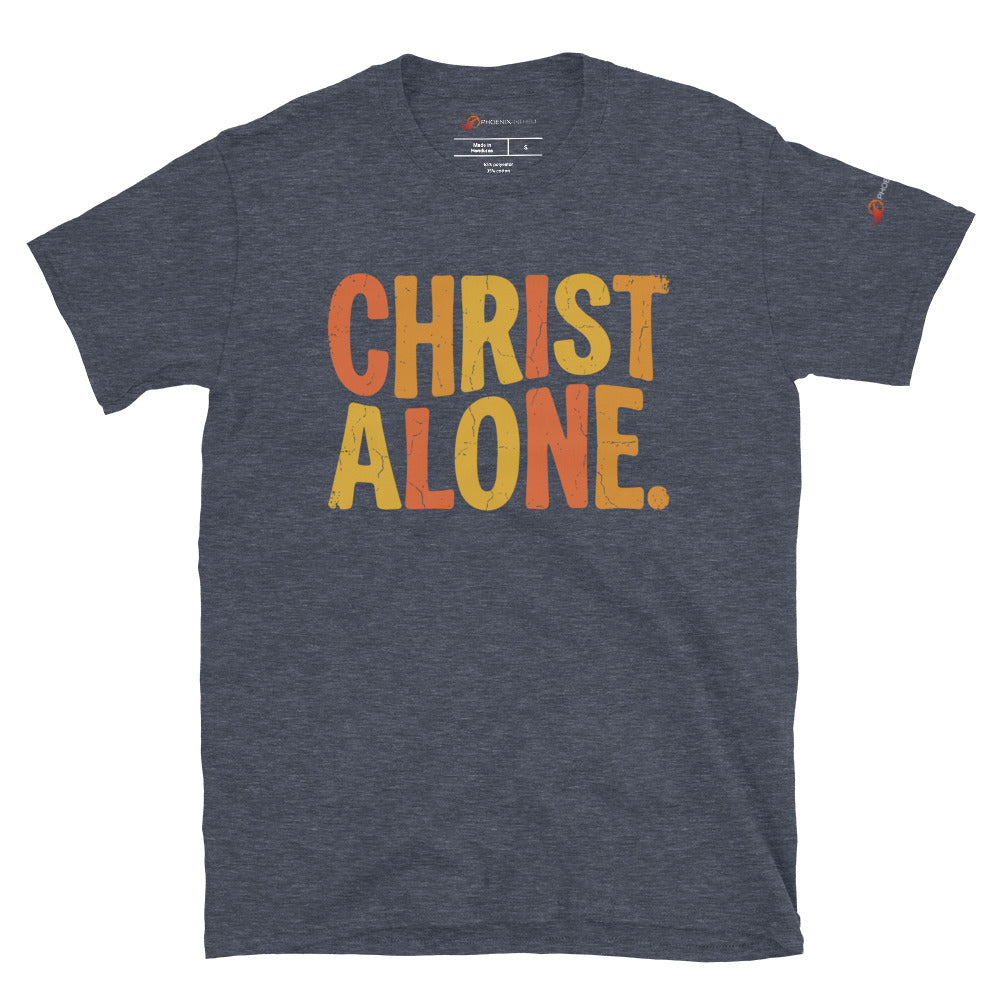 Heather navy blue Christian graphic tee from Phoenix Anthem displaying a vintage multi-color "Christ Alone" design. Faith-based streetwear and Confessional Lutheran clothing celebrating Solus Christus.