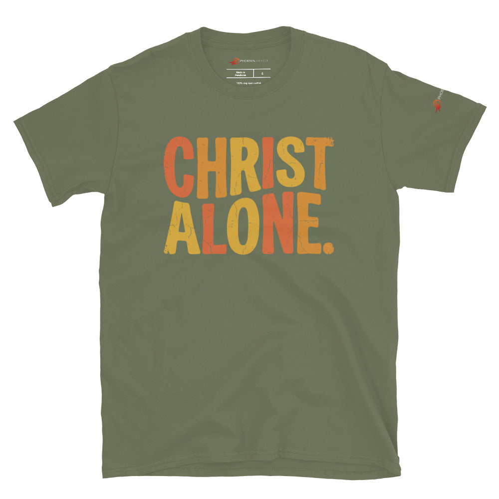 Military green Christian graphic tee from Phoenix Anthem displaying a vintage multi-color "Christ Alone" design. Faith-based streetwear and Confessional Lutheran clothing celebrating Solus Christus.