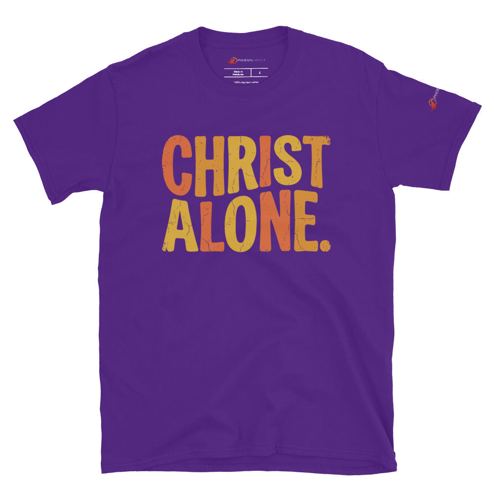Purple Christian graphic tee from Phoenix Anthem displaying a vintage multi-color "Christ Alone" design. Faith-based streetwear and Confessional Lutheran clothing celebrating Solus Christus.