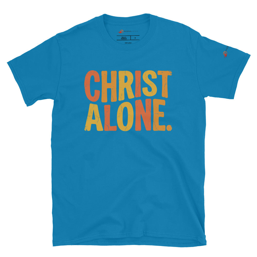 Sapphire blue Christian graphic tee from Phoenix Anthem displaying a vintage multi-color "Christ Alone" design. Faith-based streetwear and Confessional Lutheran clothing celebrating Solus Christus.