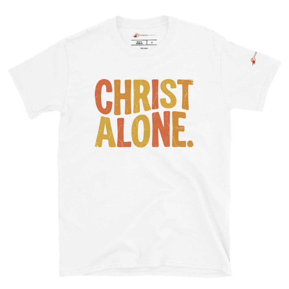 White Christian graphic tee from Phoenix Anthem displaying a vintage multi-color "Christ Alone" design. Faith-based streetwear and Confessional Lutheran clothing celebrating Solus Christus.