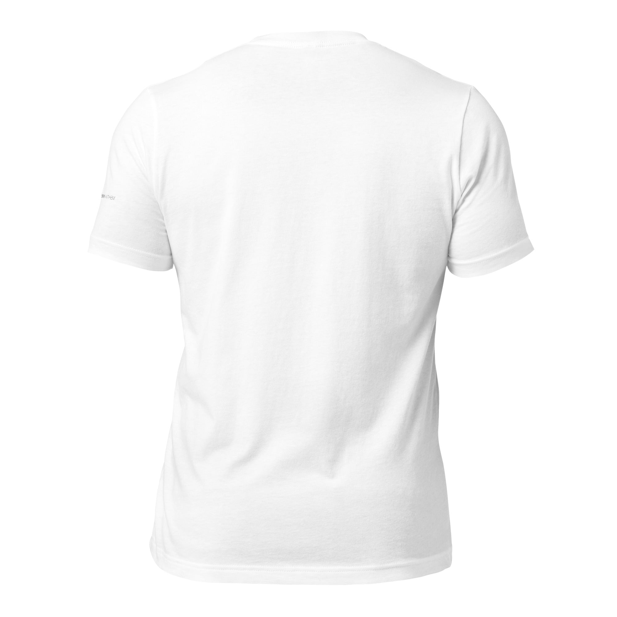 Minimalist standalone back view of the white premium cotton Bella + Canvas 3001 unisex t-shirt showcasing its comfortable, clean retail fit structure.