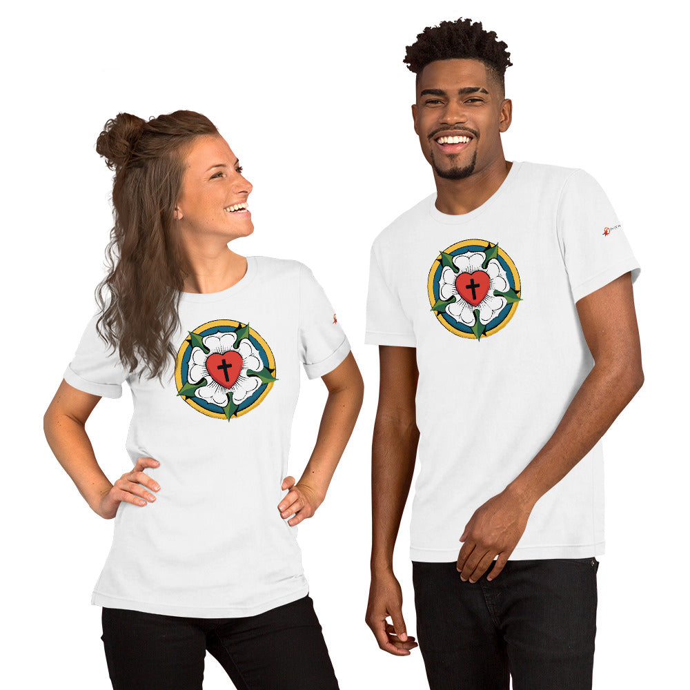 A smiling man and woman modeling matching white premium Bella + Canvas 3001 t-shirts with our colorful printed Luther Rose graphic design from Phoenix Anthem.