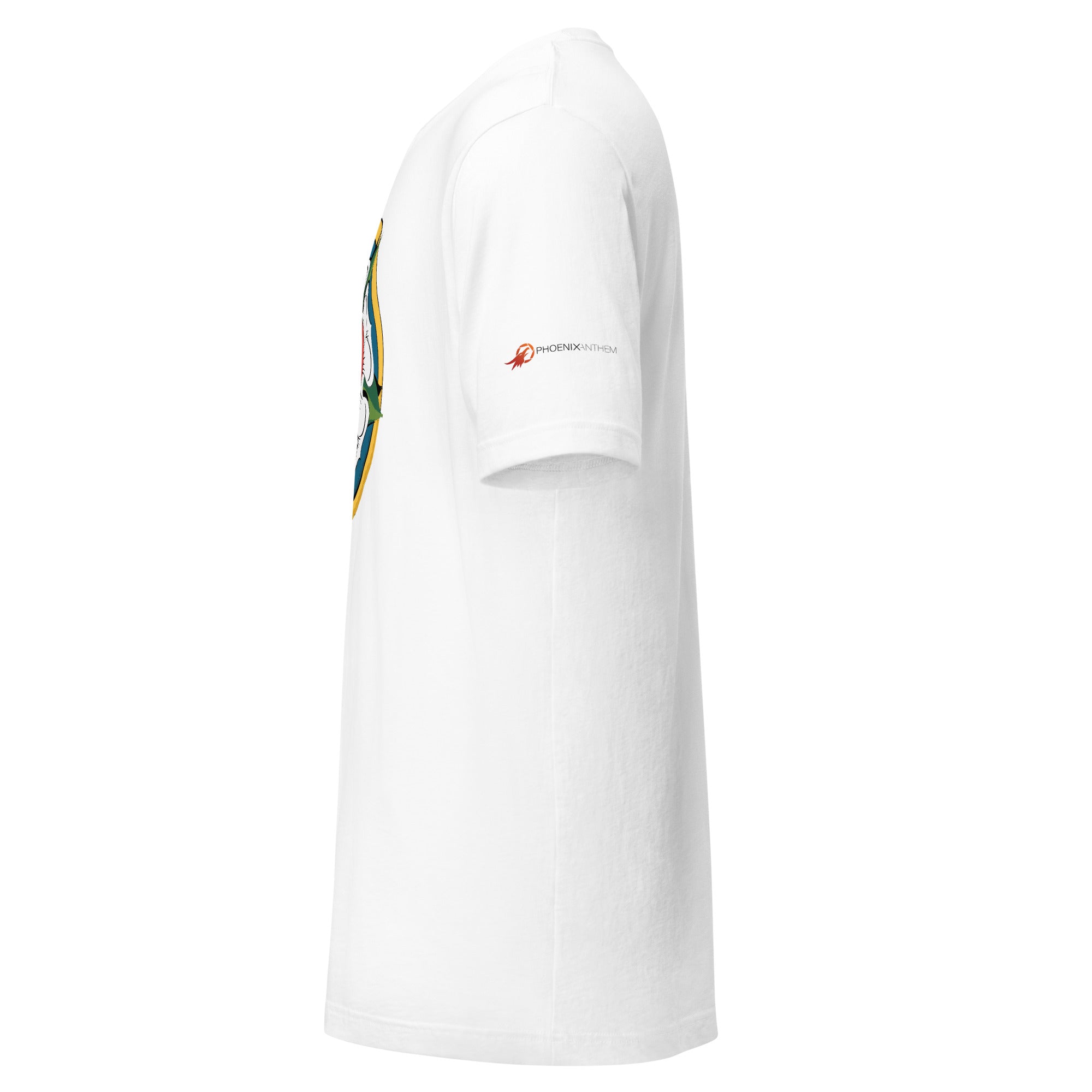 Side profile view of the white short-sleeve variant displaying the custom Phoenix Anthem witness mark logo icon printed on the left arm cuff.