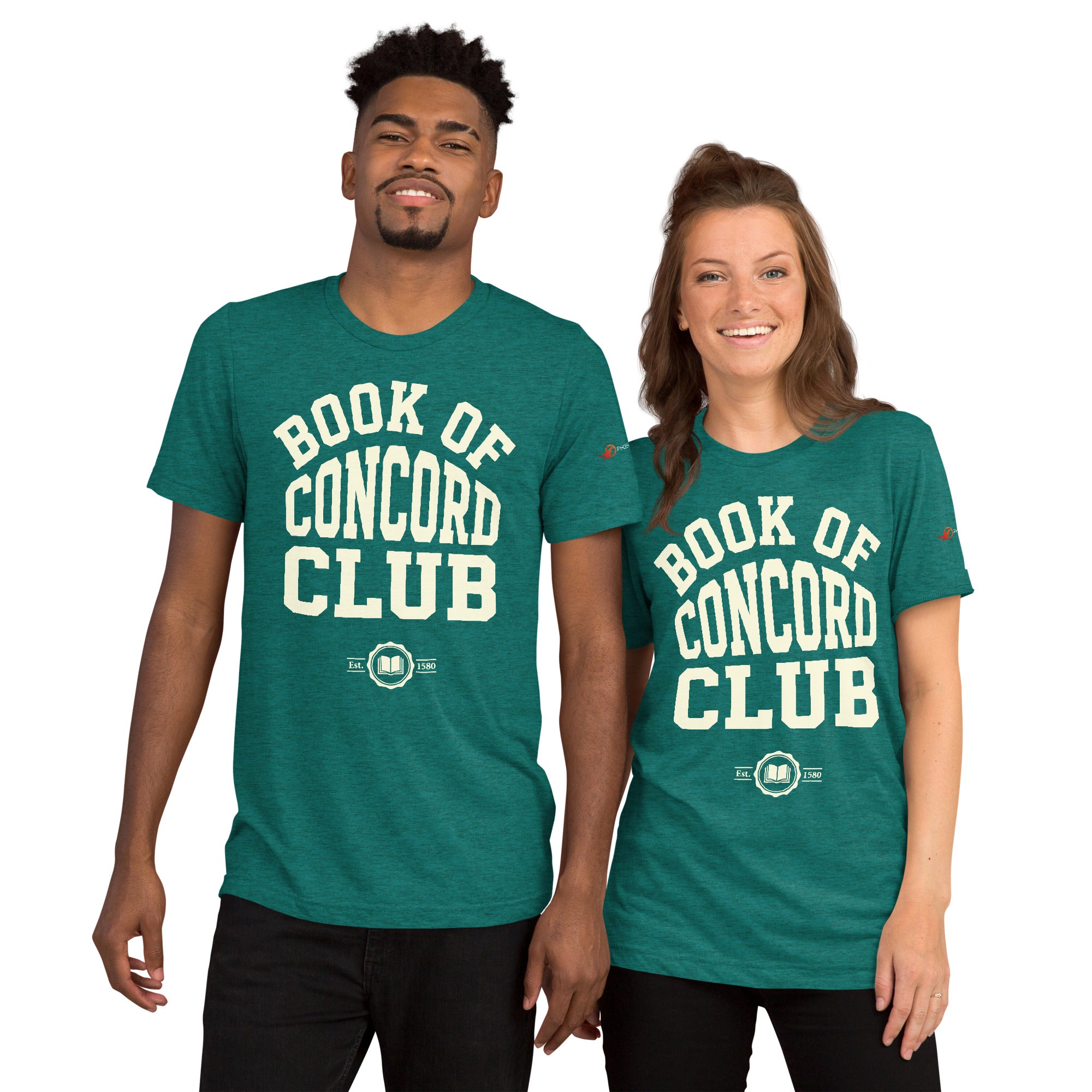 A man and woman modeling matching teal tri-blend t-shirts featuring a collegiate "Book of Concord Club Est. 1580" graphic design. Premium Lutheran apparel and Christian theology clothing for men and women.