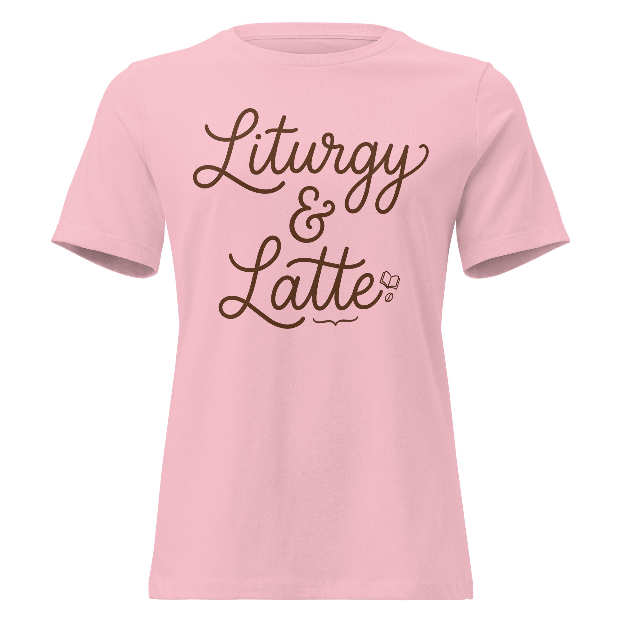 Front view of a light pink women's relaxed-fit Christian t-shirt featuring the phrase 'Liturgy & Latte' in a brown cursive script with a small book and coffee bean icon. Cute liturgical faith-based apparel from Phoenix Anthem.