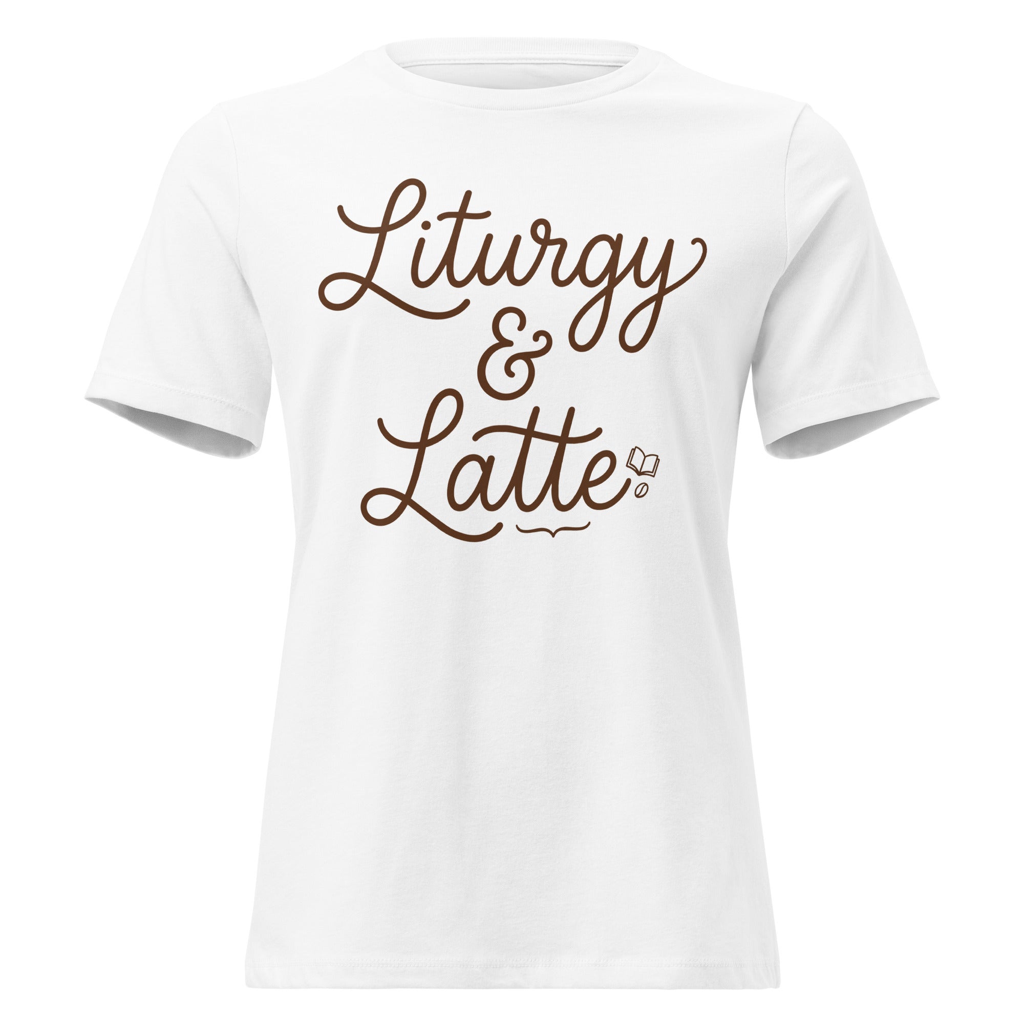 Front view of a white women's relaxed-fit Christian t-shirt featuring the phrase 'Liturgy & Latte' in a brown cursive script with a small book and coffee bean icon. Funny liturgical faith-based apparel from Phoenix Anthem.