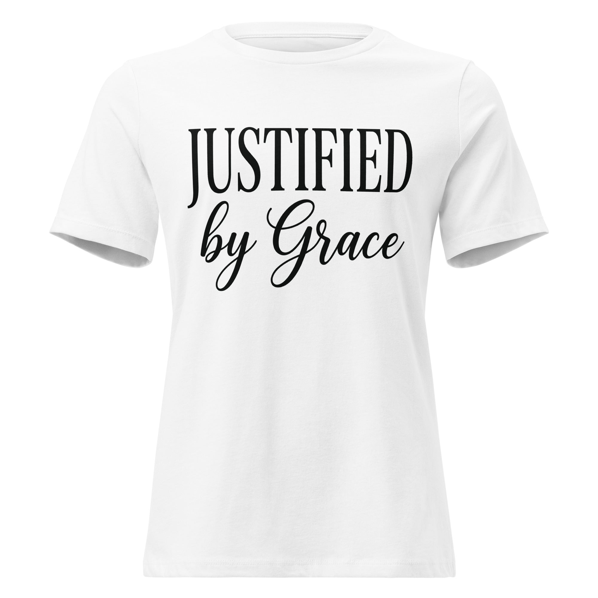 Front view of a white women's relaxed-fit Christian t-shirt with black text reading 'JUSTIFIED by Grace' in a clean serif and script font combination. Premium Lutheran faith-based apparel from Phoenix Anthem.