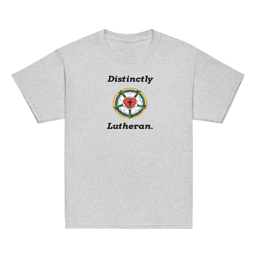 Front view of a sport grey classic youth t-shirt featuring the typography 'Distinctly Lutheran' flanking the traditional Luther Rose symbol. Premium children's religious shirt from Phoenix Anthem.