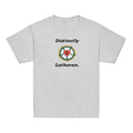 Front view of a sport grey classic youth t-shirt featuring the typography 'Distinctly Lutheran' flanking the traditional Luther Rose symbol. Premium children's religious shirt from Phoenix Anthem.