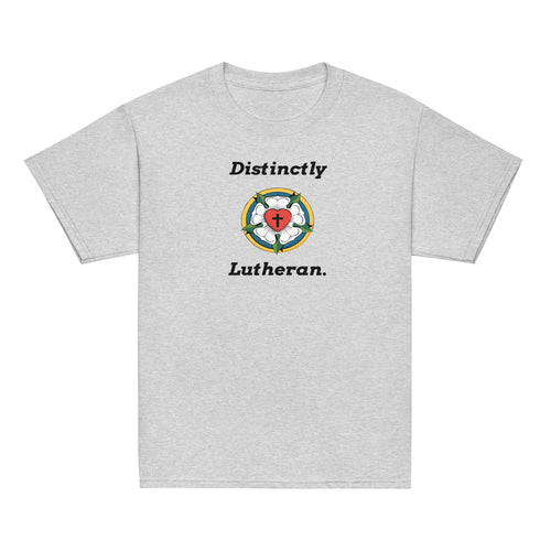 Front view of a sport grey classic youth t-shirt featuring the typography 'Distinctly Lutheran' flanking the traditional Luther Rose symbol. Premium children's religious shirt from Phoenix Anthem.